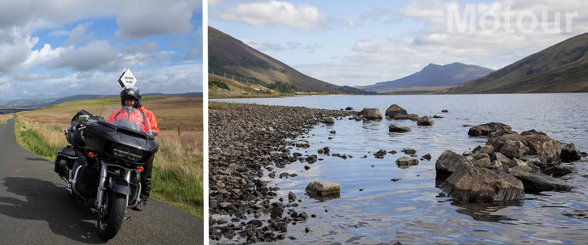 Schotse highlands single track road langs loch tijdens motorreis Motour