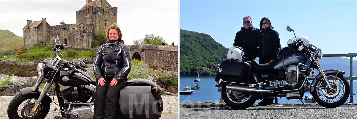 vrouwelijke motorrijdster met Harley voor Eilean Donan castle en echtpaar met moto Guzzi